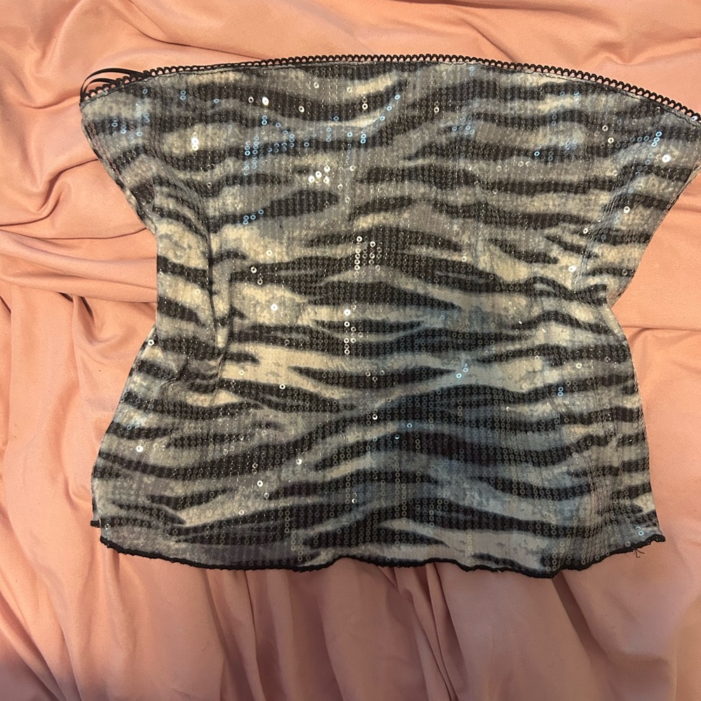 Sequin Zebra Print Strapless Tube Top - Black & White